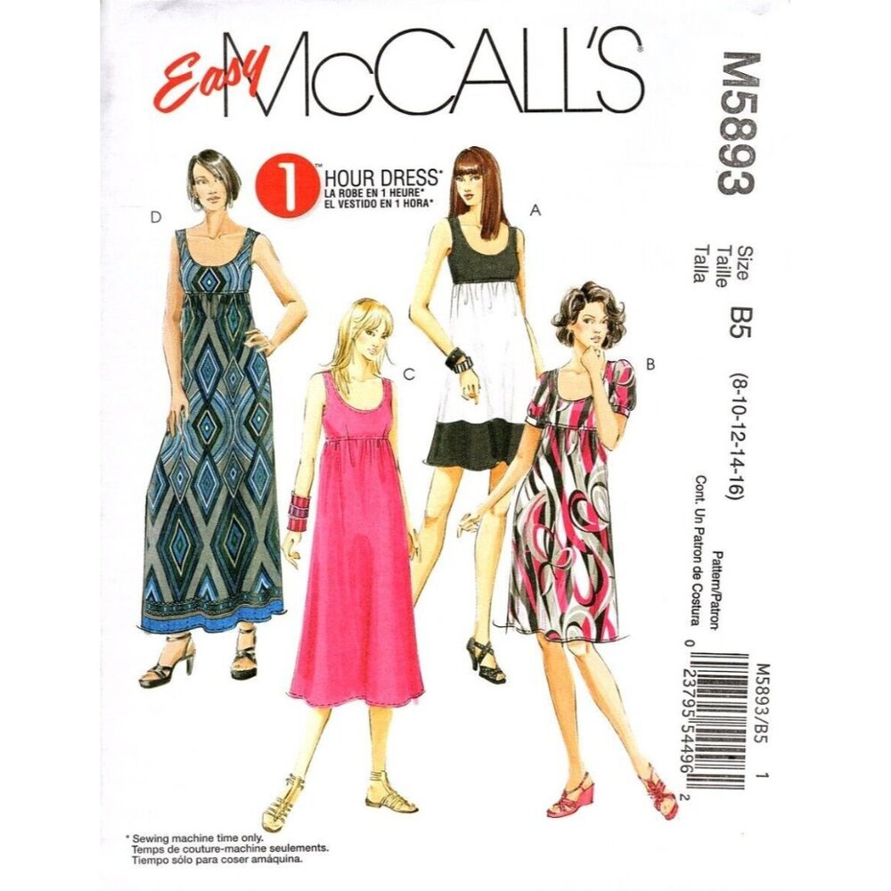 McCall's M5893 Misses 8 to 16 Loose Fitting Dress Uncut Sewing Pattern New